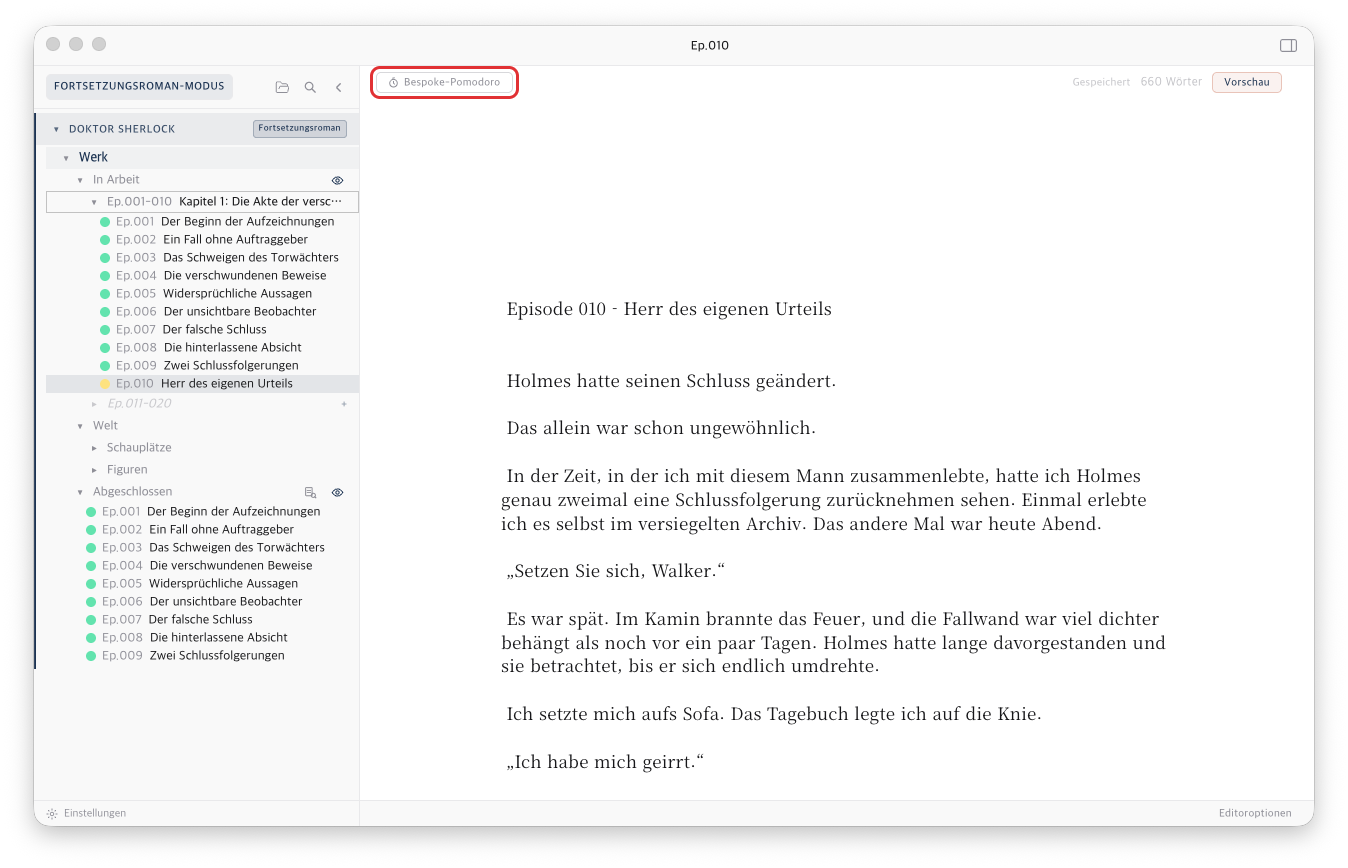 Die Schaltfläche Bespoke-Pomodoro links in der oberen Leiste des Editors