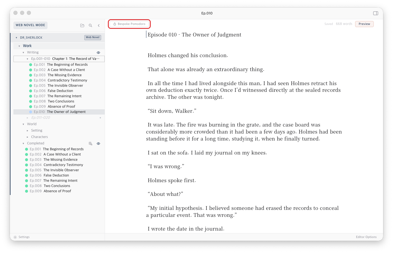 The Bespoke Pomodoro button on the left of the editor's top bar