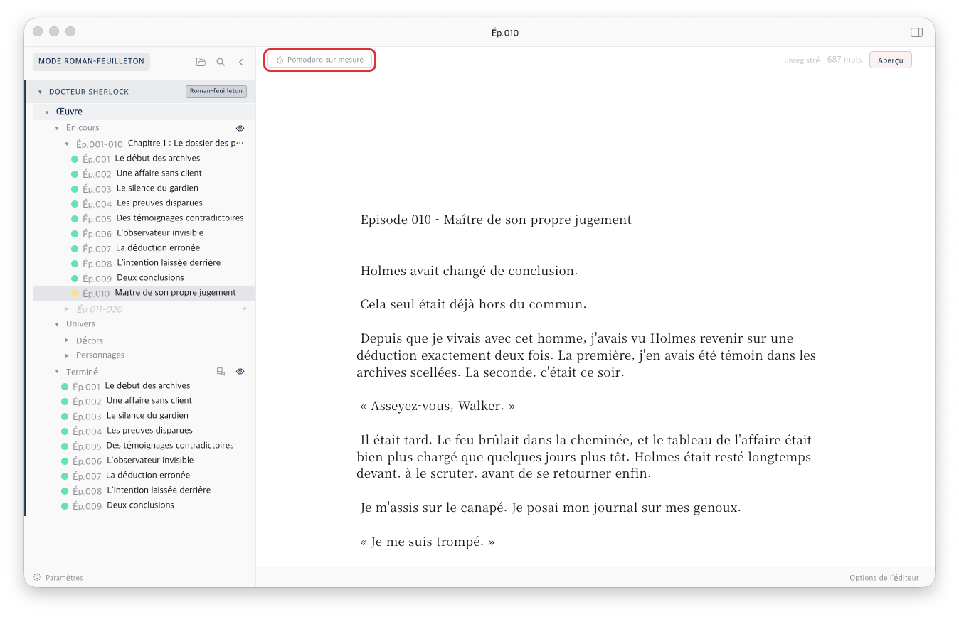 Le bouton Pomodoro sur mesure à gauche de la barre supérieure de l'éditeur