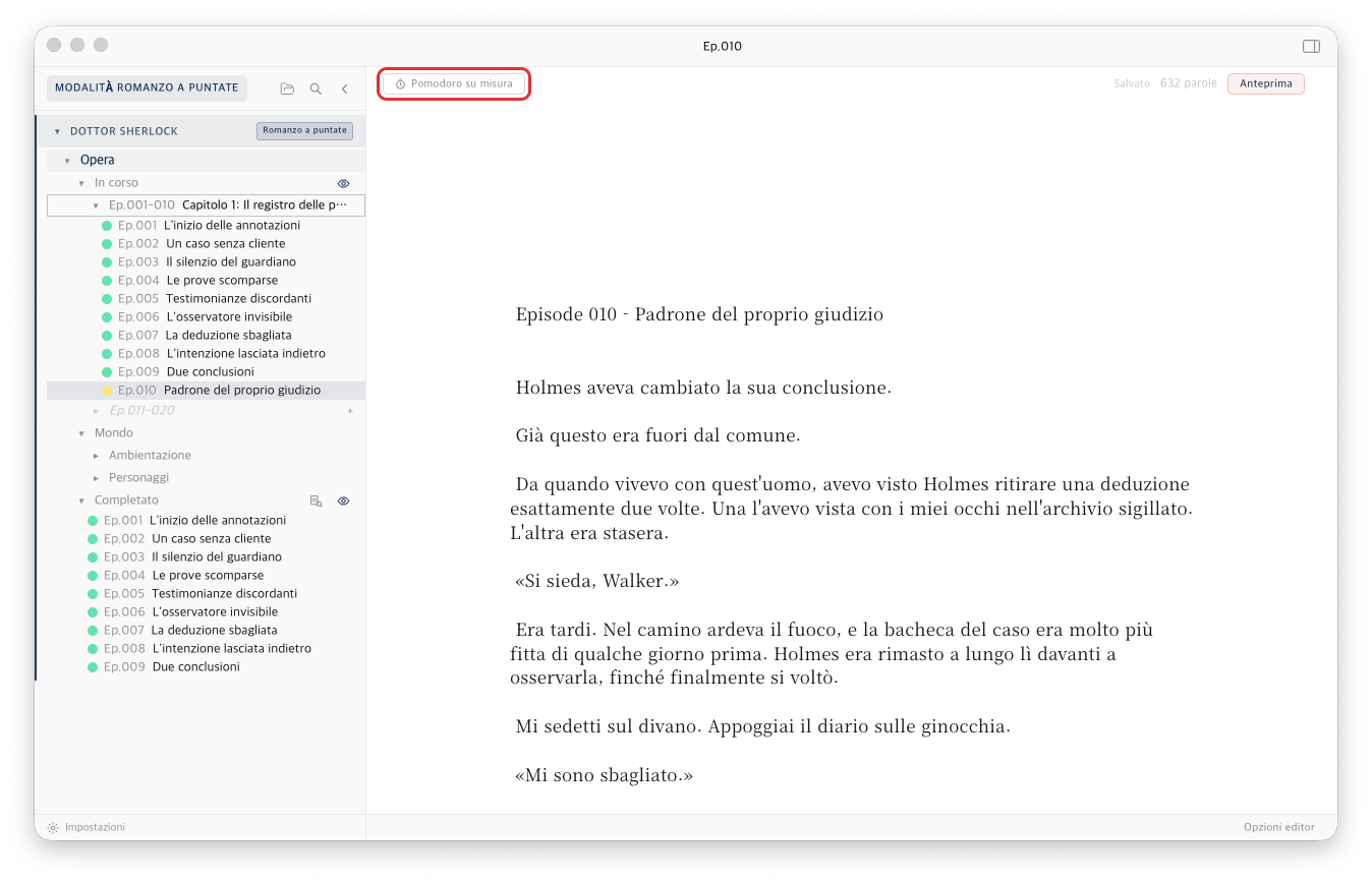 Il pulsante Pomodoro su misura a sinistra nella barra superiore dell'editor