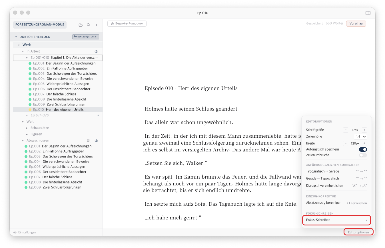 Geöffnete Editoroptionen unten rechts mit hervorgehobenem Fokus-Schreiben
