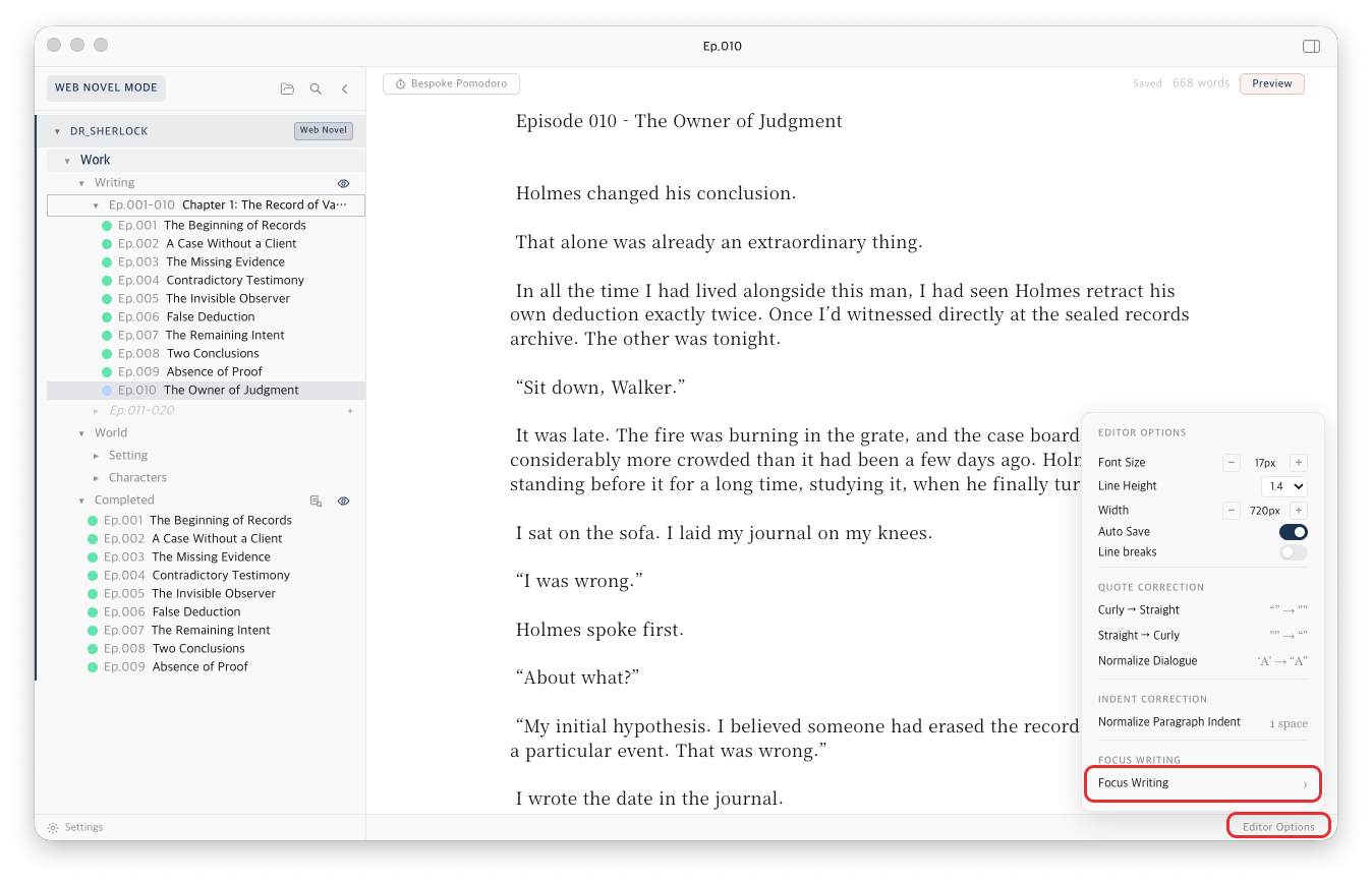 Editor Options opened at the bottom right, with Focus Writing highlighted