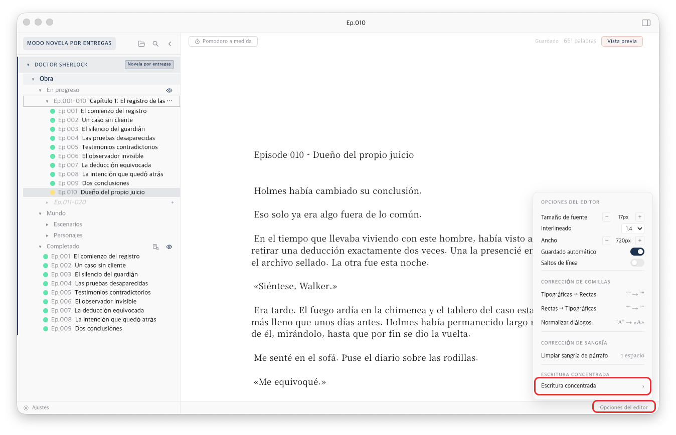 Opciones del editor abiertas abajo a la derecha, con Escritura concentrada resaltada