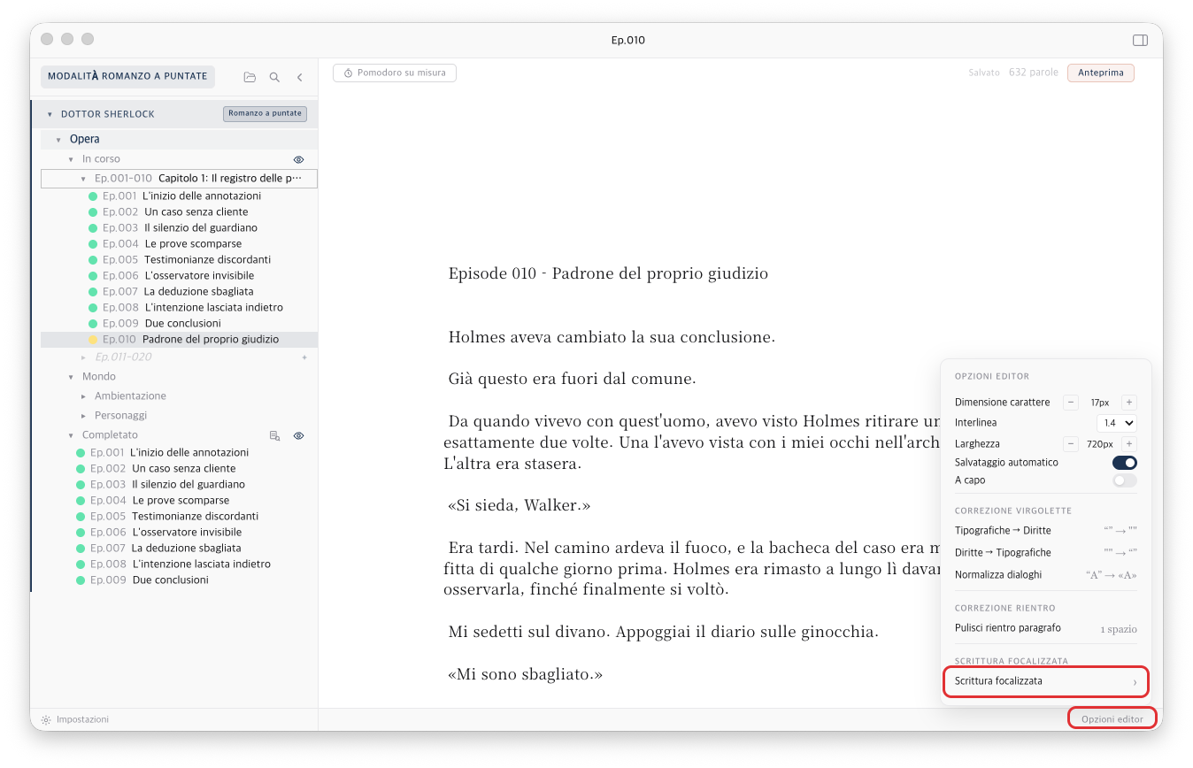 Opzioni editor aperte in basso a destra, con Scrittura focalizzata evidenziata